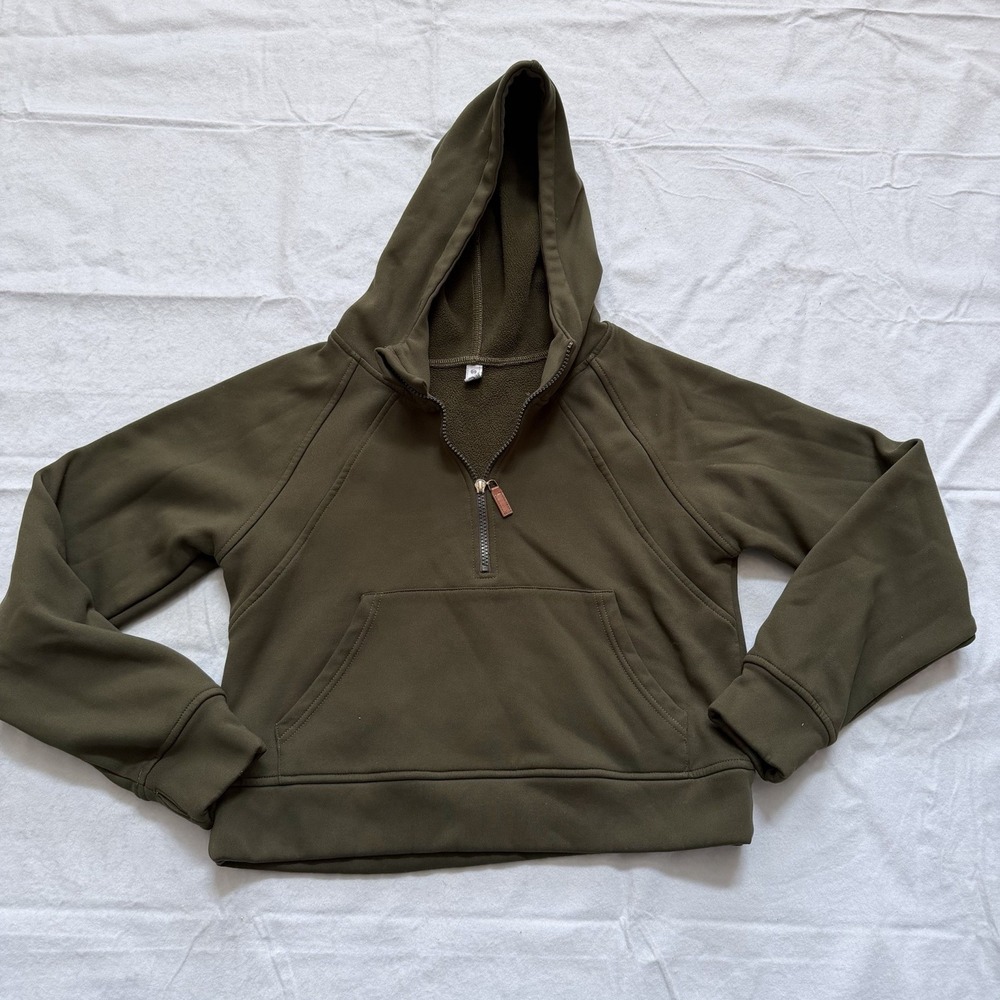 LASLULU Women's Top SZ- Small Olive Green Scuba Cropped 1/4 Zip Hoodie